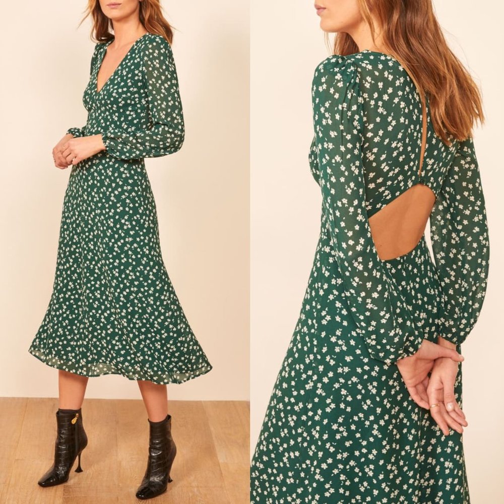 REFORMATION Joy Green Floral LS Midi Dress Size 8 - Picture 2 of 11